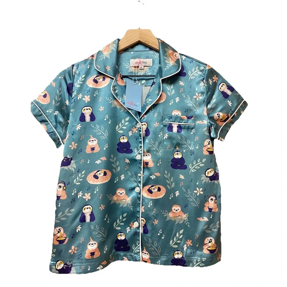 NWT Sloth Satin Pajama Top Girls XL Teal Kawaii Sleep Shirt